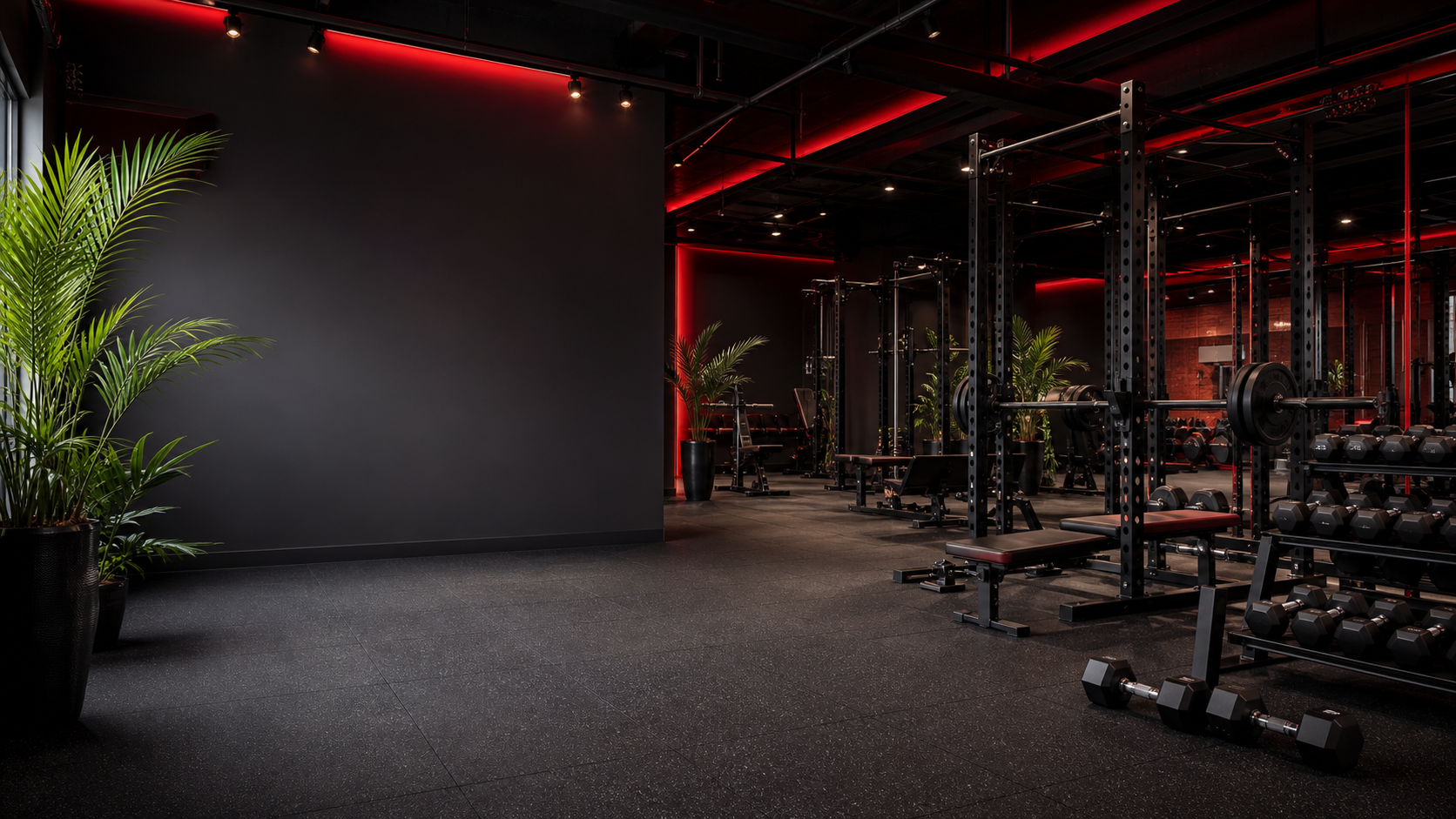 Concept artwork of a bold strength-training floor, not documentary media for RUDE 144 GYM